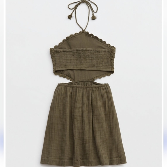 Aerie Pool-To-Party Crochet Halter Mini Dress Women's XS/TP Washed Olive Green - Picture 5 of 15